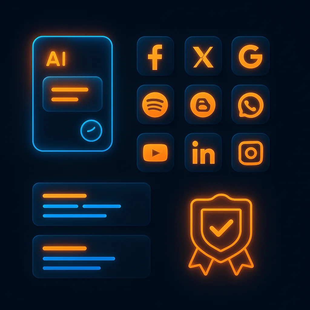 A clean concept illustration of glowing interface cards for a press kit: image thumbnails, logo badges, and simple asset buttons on a dark background.