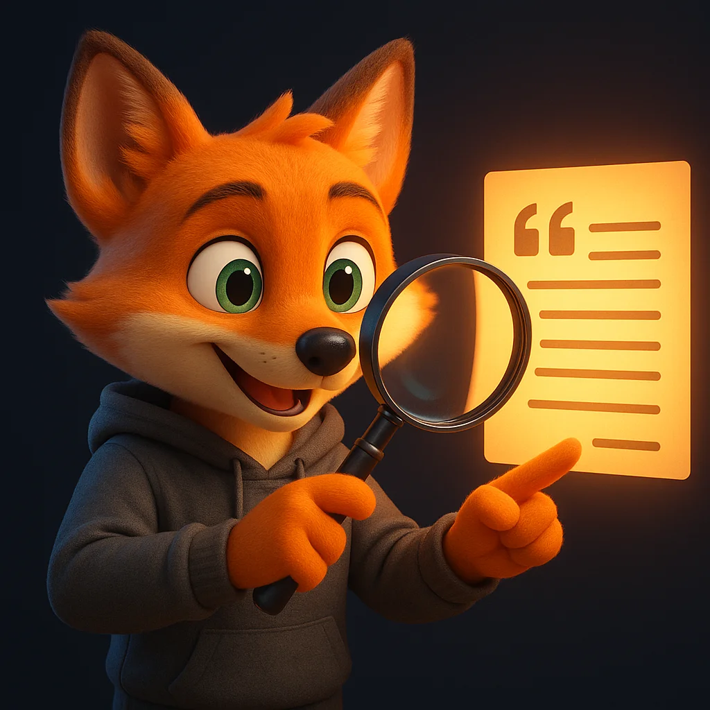 The FoxRadar fox mascot holding a magnifying glass up to a glowing document, suggesting clear quotes and facts ready to copy.