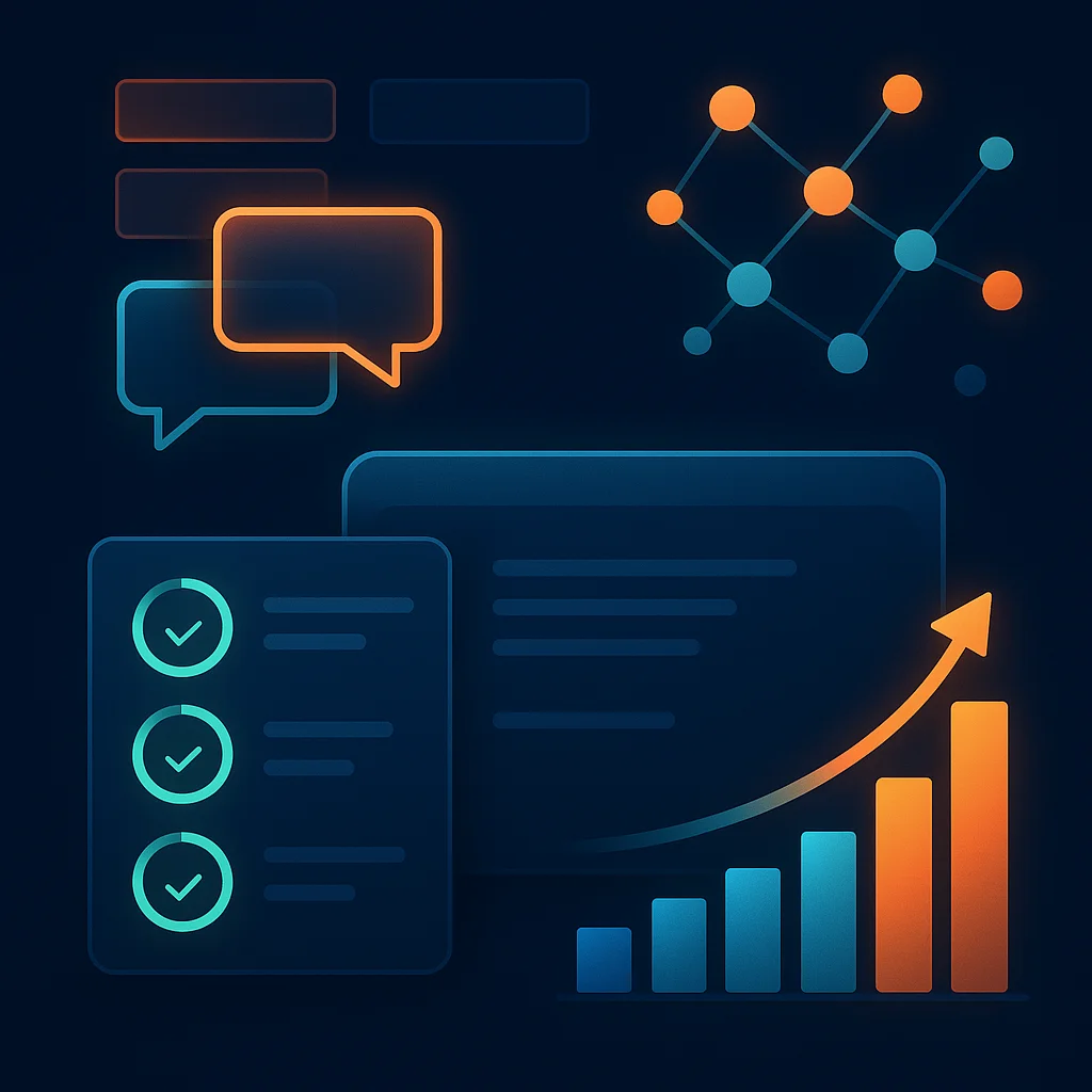 A concept illustration of a dashboard with glowing bars and a highlighted brand tile above subtle competitors, showing improved visibility.