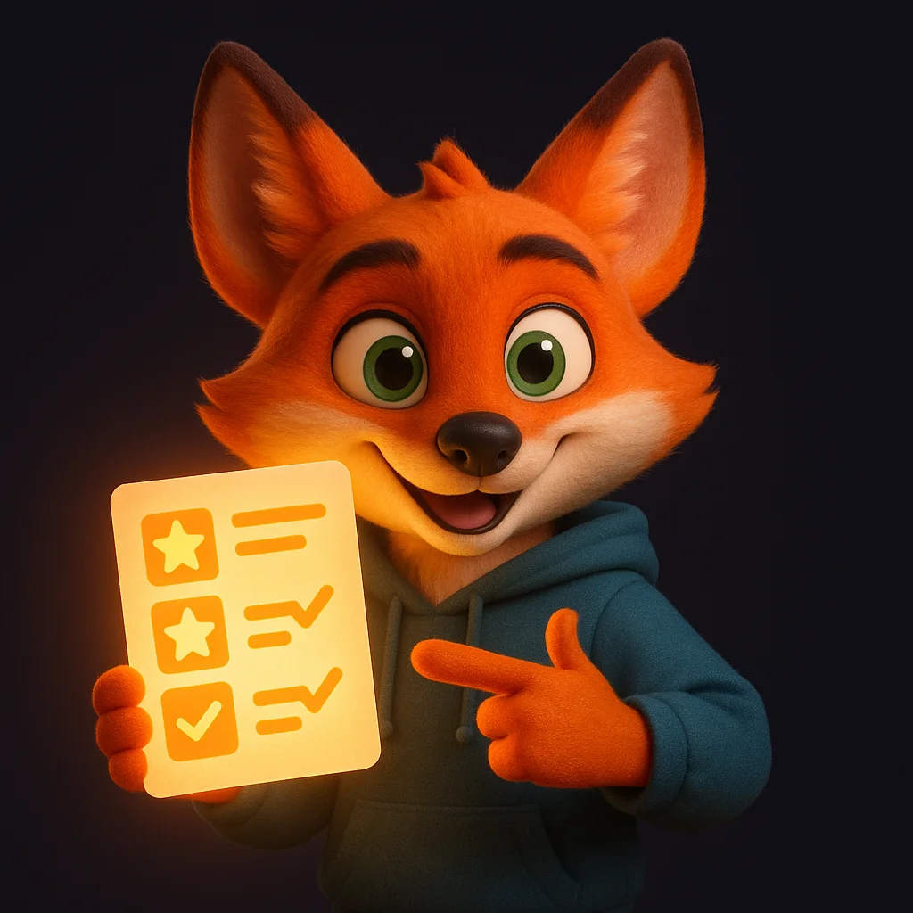 The FoxRadar fox mascot holding a glowing document with star icons and pointing to clear review details.