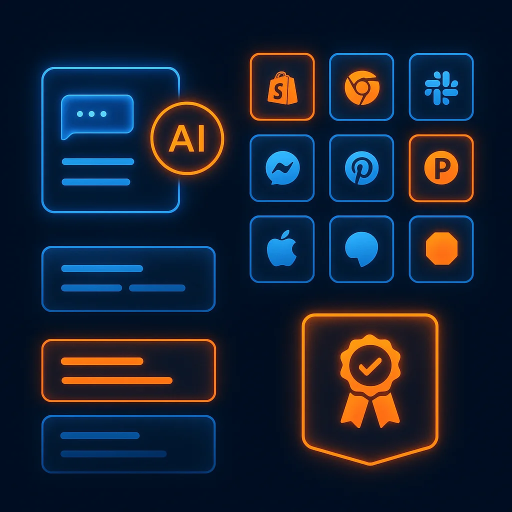 A clean concept illustration of floating review cards and AI chat windows with star ratings and dates, no text.
