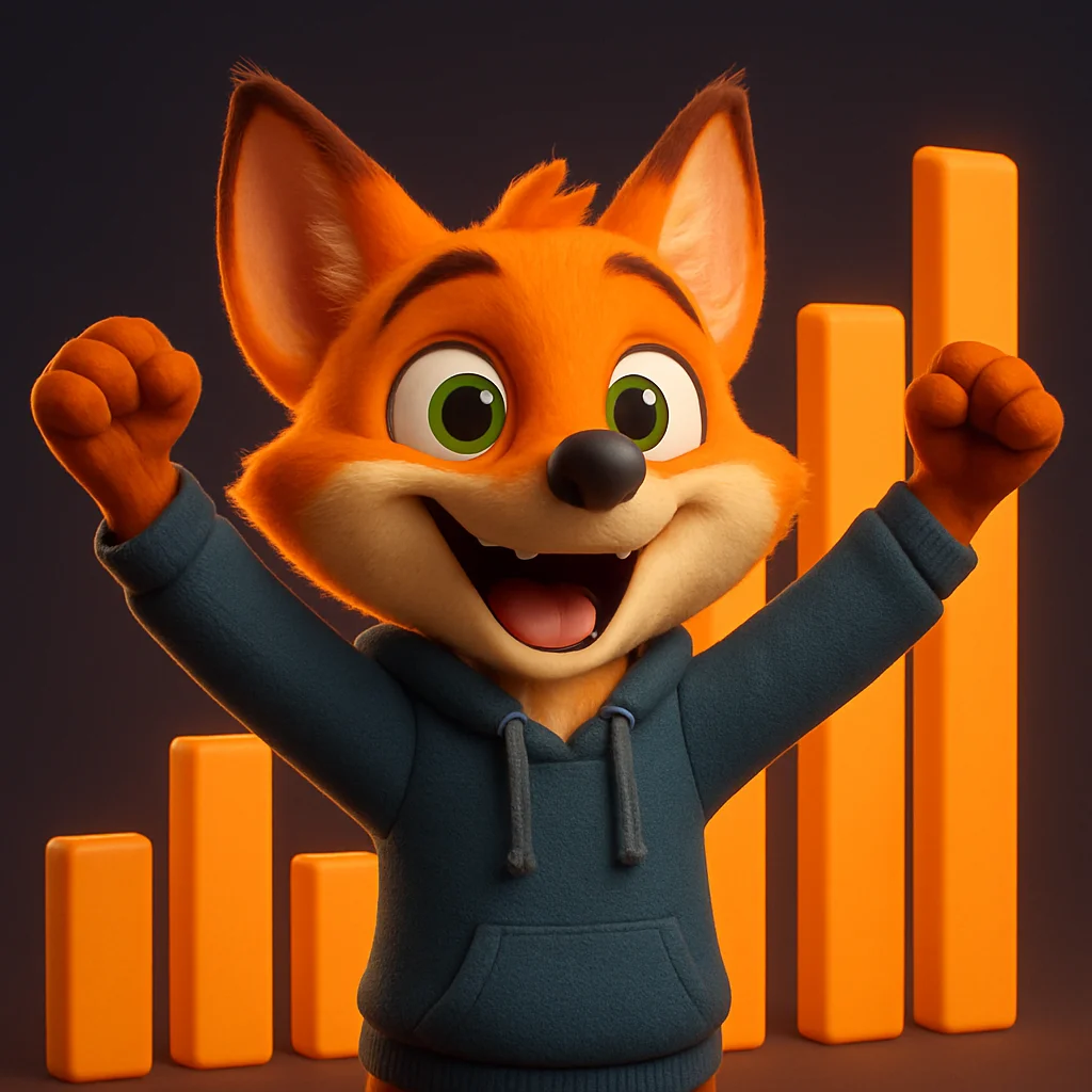 The FoxRadar fox mascot celebrating with arms raised in front of abstract rising chart bars.