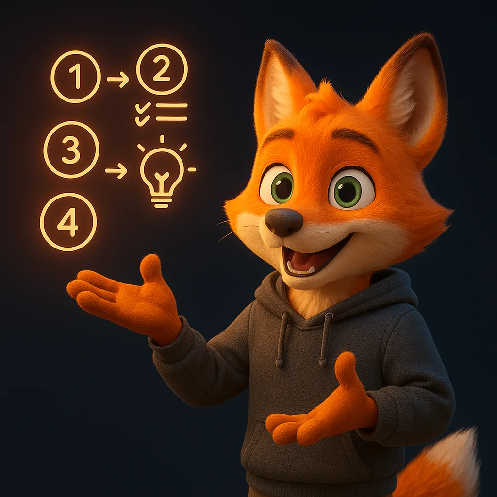 The FoxRadar fox mascot stands and gestures while explaining a simple step-by-step process shown as glowing icons.
