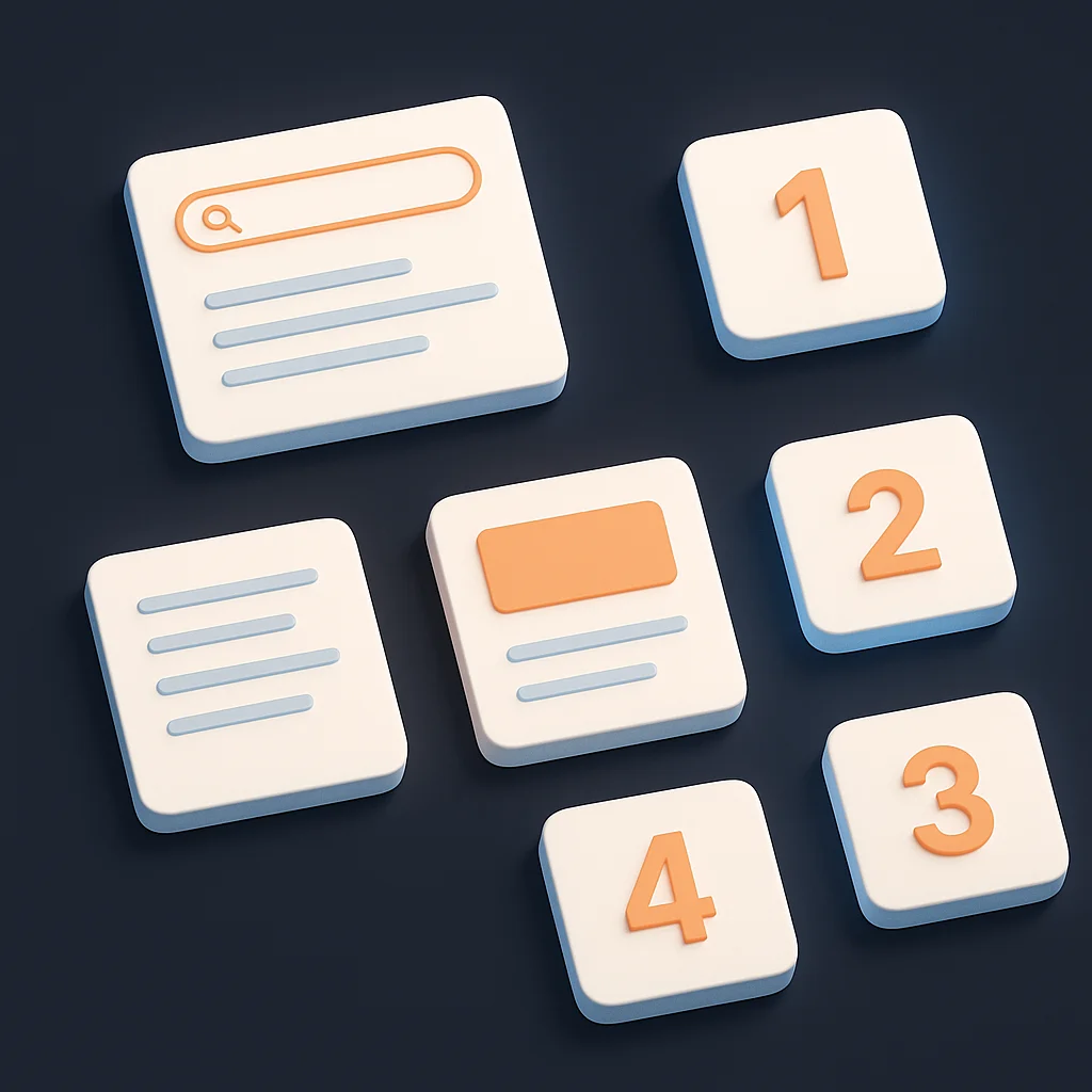 A clean dark concept illustration of floating step cards and AI chat bubbles, glowing with orange and blue accents.