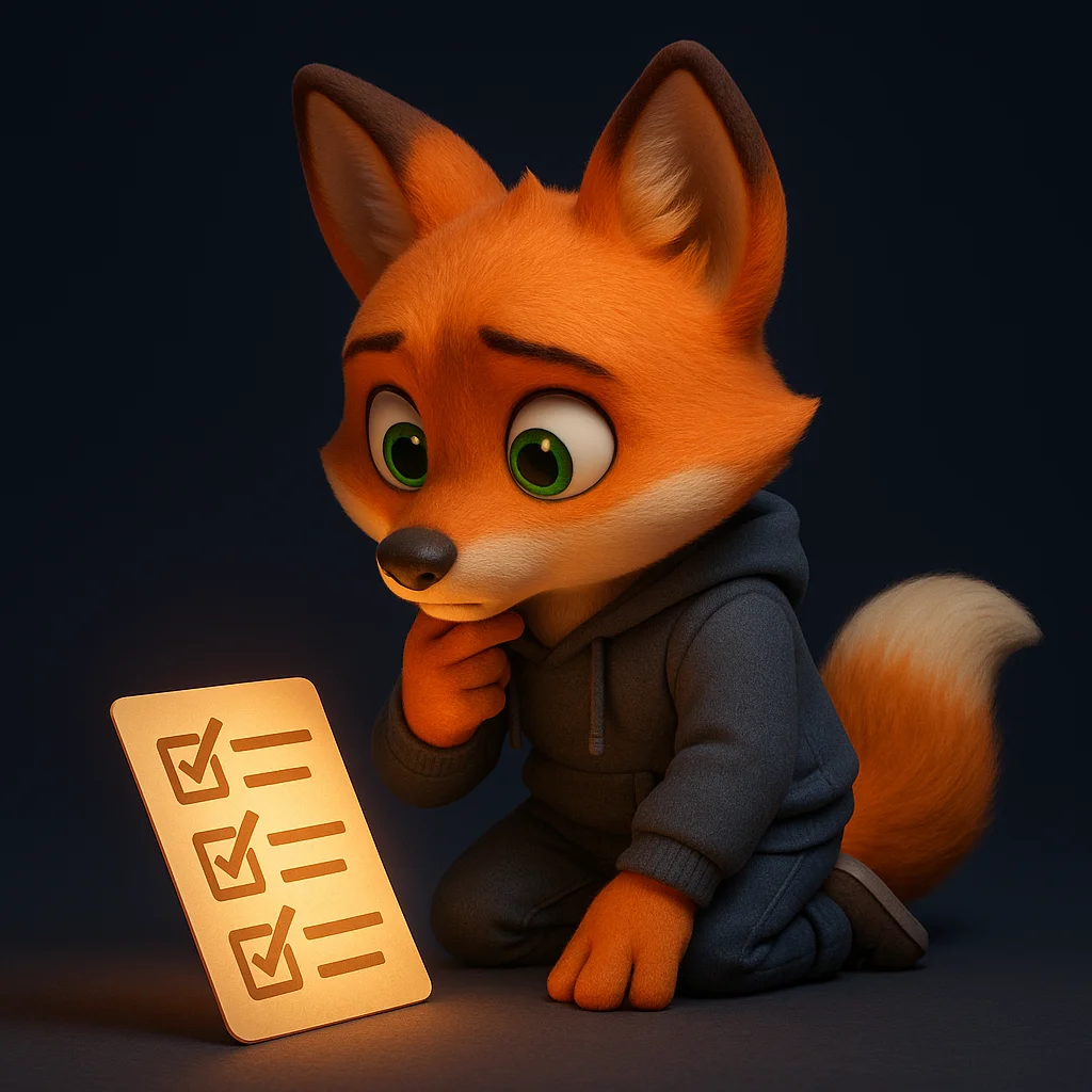 The FoxRadar fox mascot kneels and inspects a glowing checklist closely, focused and thoughtful.