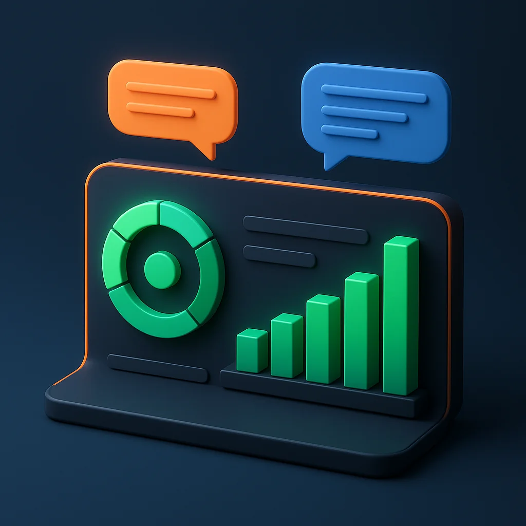 A clean dark concept illustration of a visibility dashboard with rising bars and score dials, glowing in orange and blue.