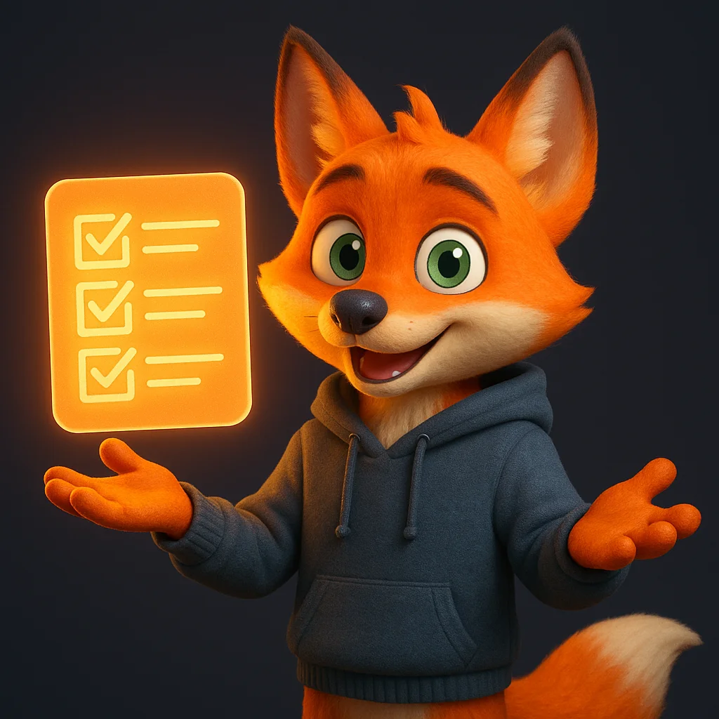 The FoxRadar fox mascot holding a glowing checklist document and explaining it with a friendly gesture.