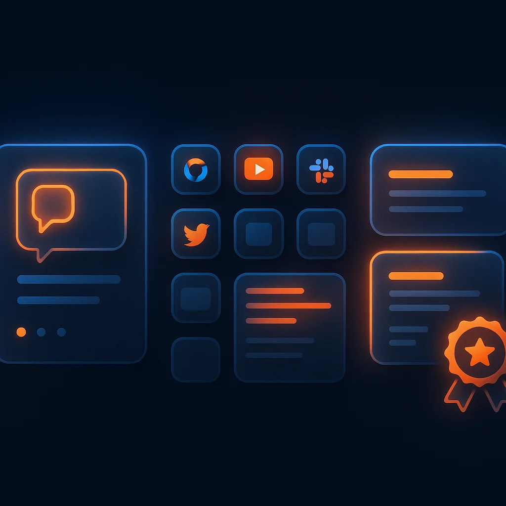 A clean concept illustration of glowing checklist cards and interface elements on a dark background, no fox.