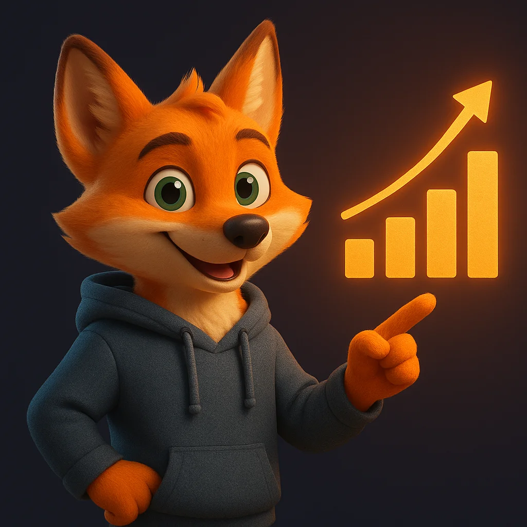 The FoxRadar fox mascot pointing at a rising chart, showing improved readiness and fewer failed visits.
