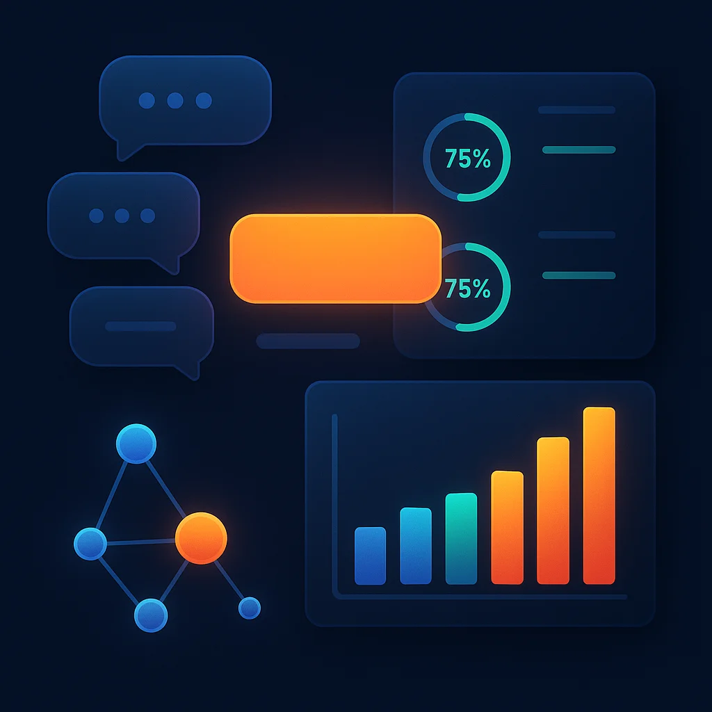 A clean concept illustration of a dashboard with bright visibility scores and connected nodes, no fox.
