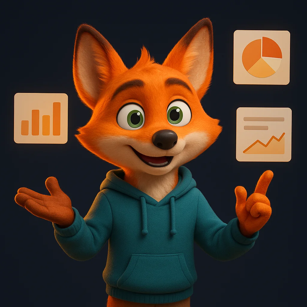 The FoxRadar fox mascot gesturing while explaining, standing in front of floating simple data cards.