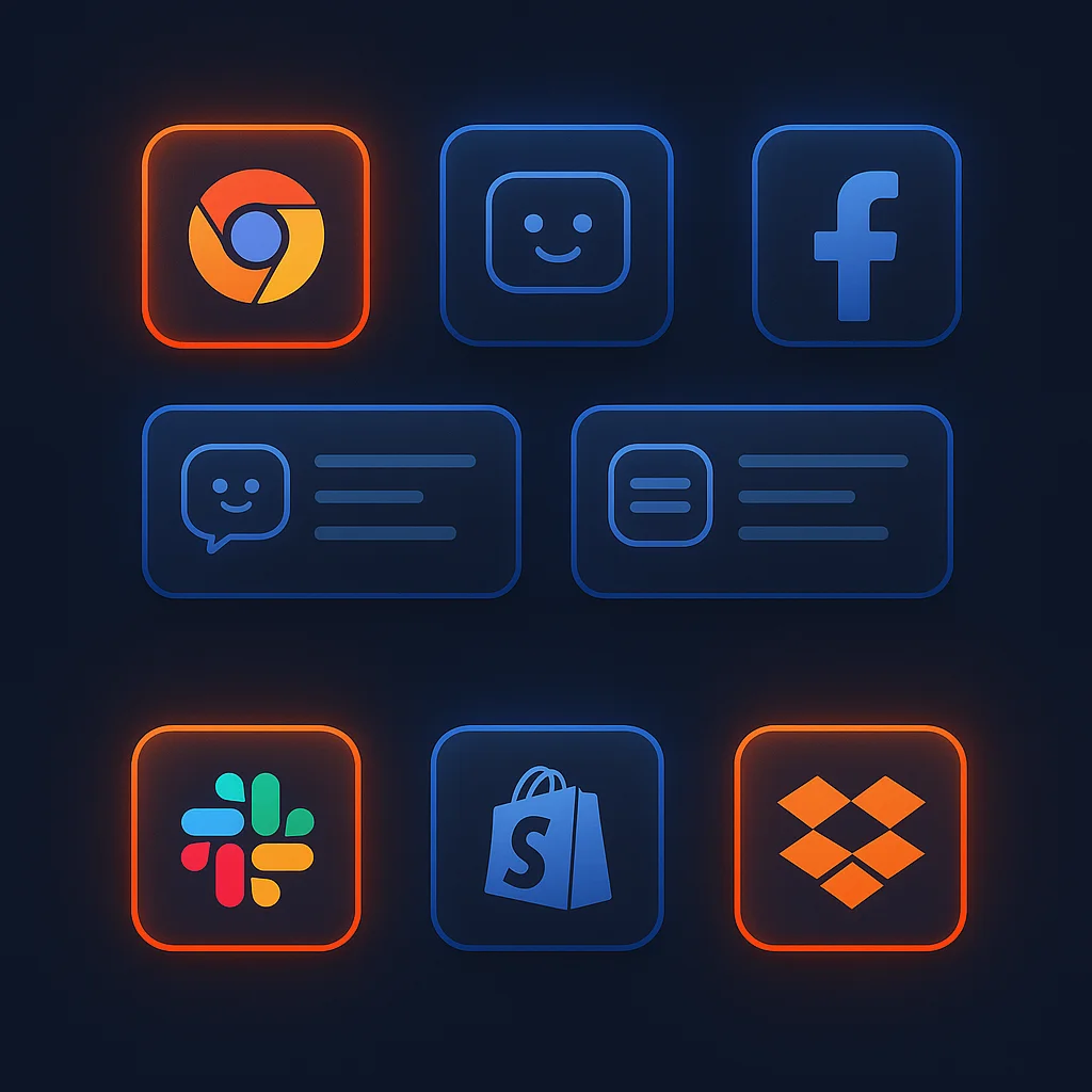 A clean concept illustration of glowing search result cards and brand icons on a dark background, without the fox.