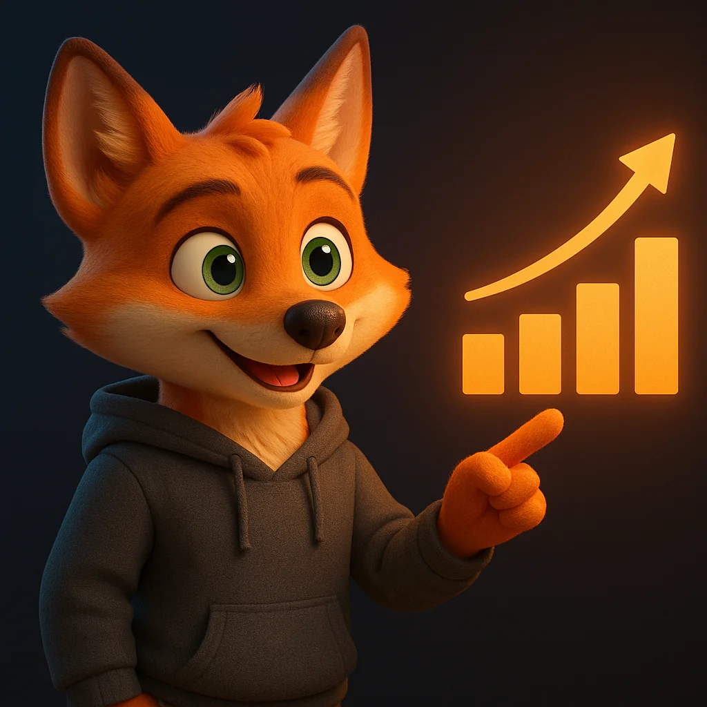 The FoxRadar fox mascot pointing at a rising chart, showing how visibility improves with a partners page.