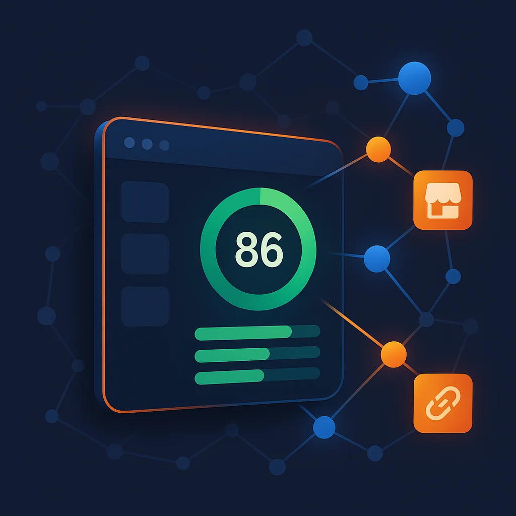 A clean concept illustration of a dashboard with visibility scores and interconnected nodes, without the fox.