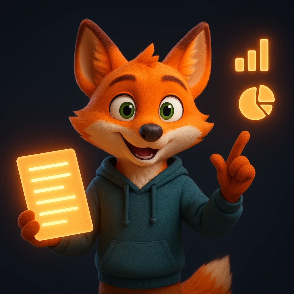 The FoxRadar fox mascot holds a glowing document and points at floating audience icons, explaining who the brand serves.