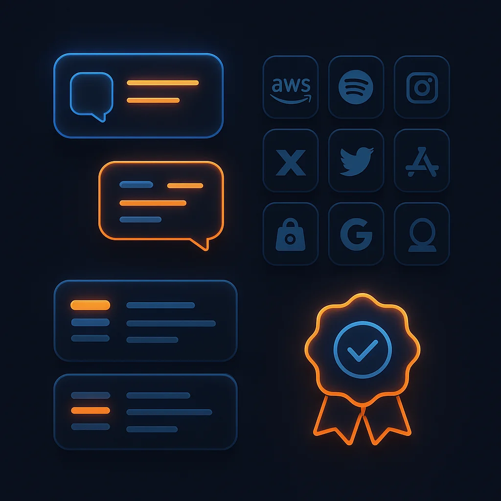 Abstract 3D interface cards glowing in the dark, showing a clean concept of organized customer segments without any text.