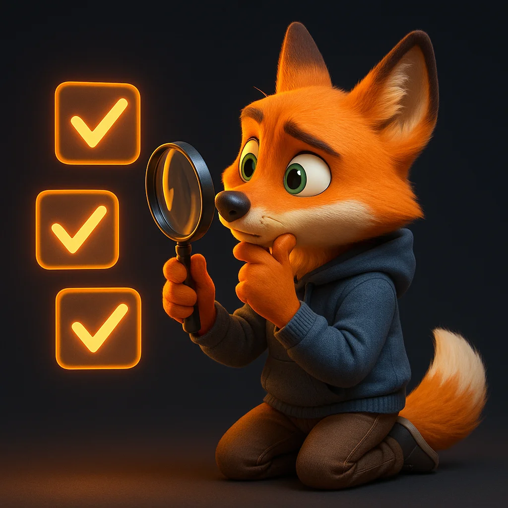 The FoxRadar fox mascot examines floating checkmarks with a magnifying glass, showing proof and filters for fit.
