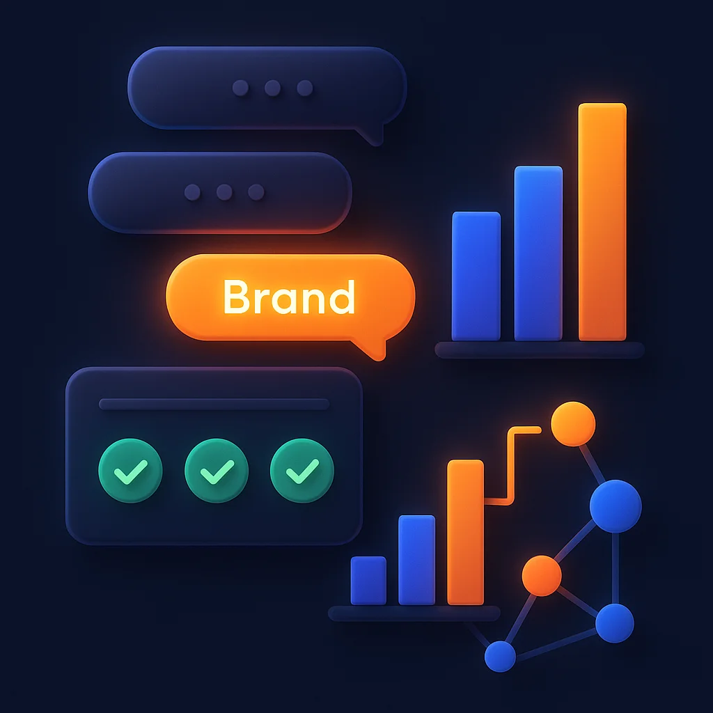 Abstract 3D dashboard with glowing gauges and nodes, showing brand visibility signals without any text.