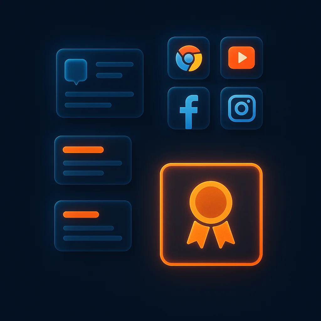 A dark, glowing concept scene with AI chat result cards and brand icons floating in space.