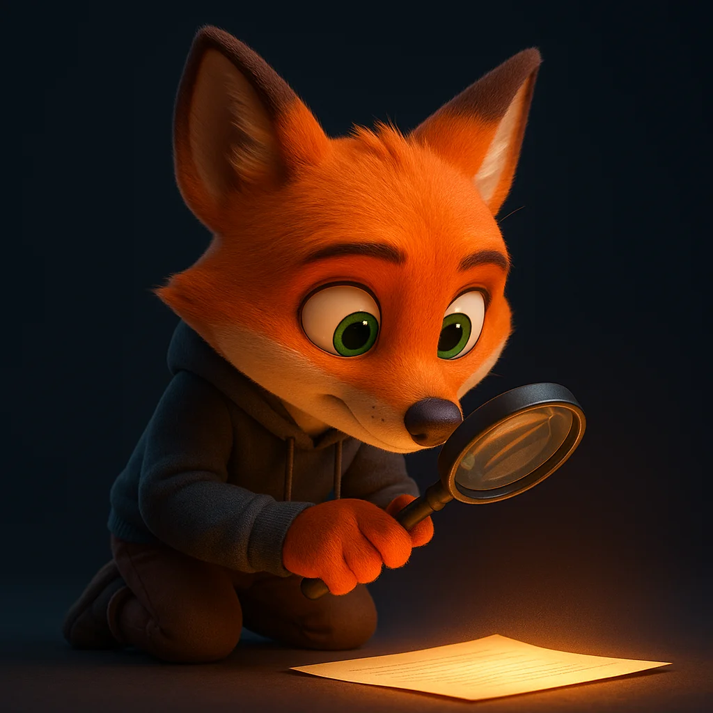 The FoxRadar fox mascot kneeling and inspecting a glowing document with a magnifying glass.