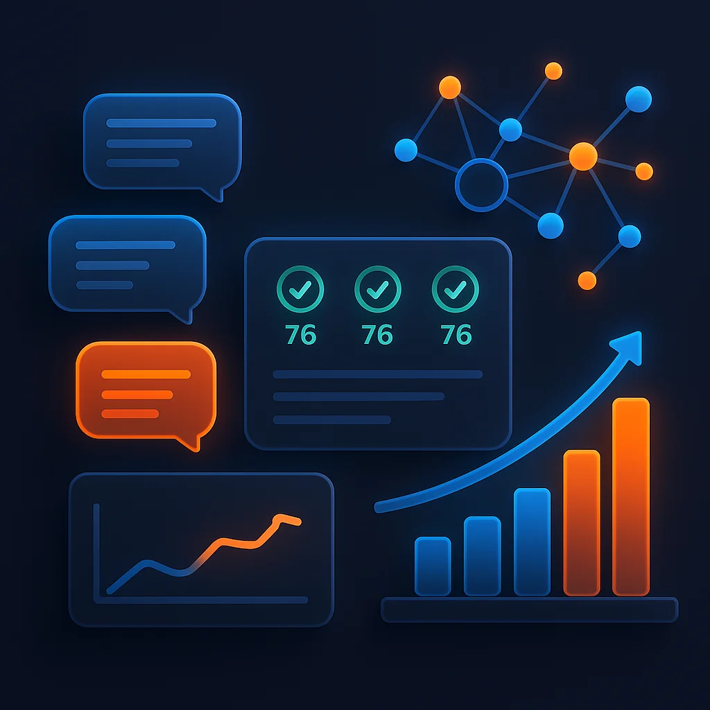 A clean concept illustration of a dashboard with rising visibility scores and a bright brand name above AI chat bubbles.