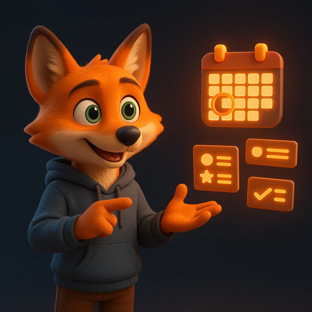 The FoxRadar fox mascot stands and points at floating event data, guiding the reader on what to include on an events page.
