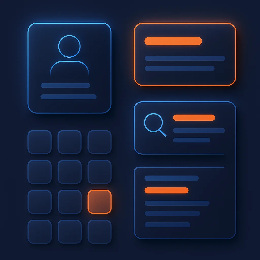 A clean concept illustration of glowing event cards and calendar tiles floating on a dark background, no characters.