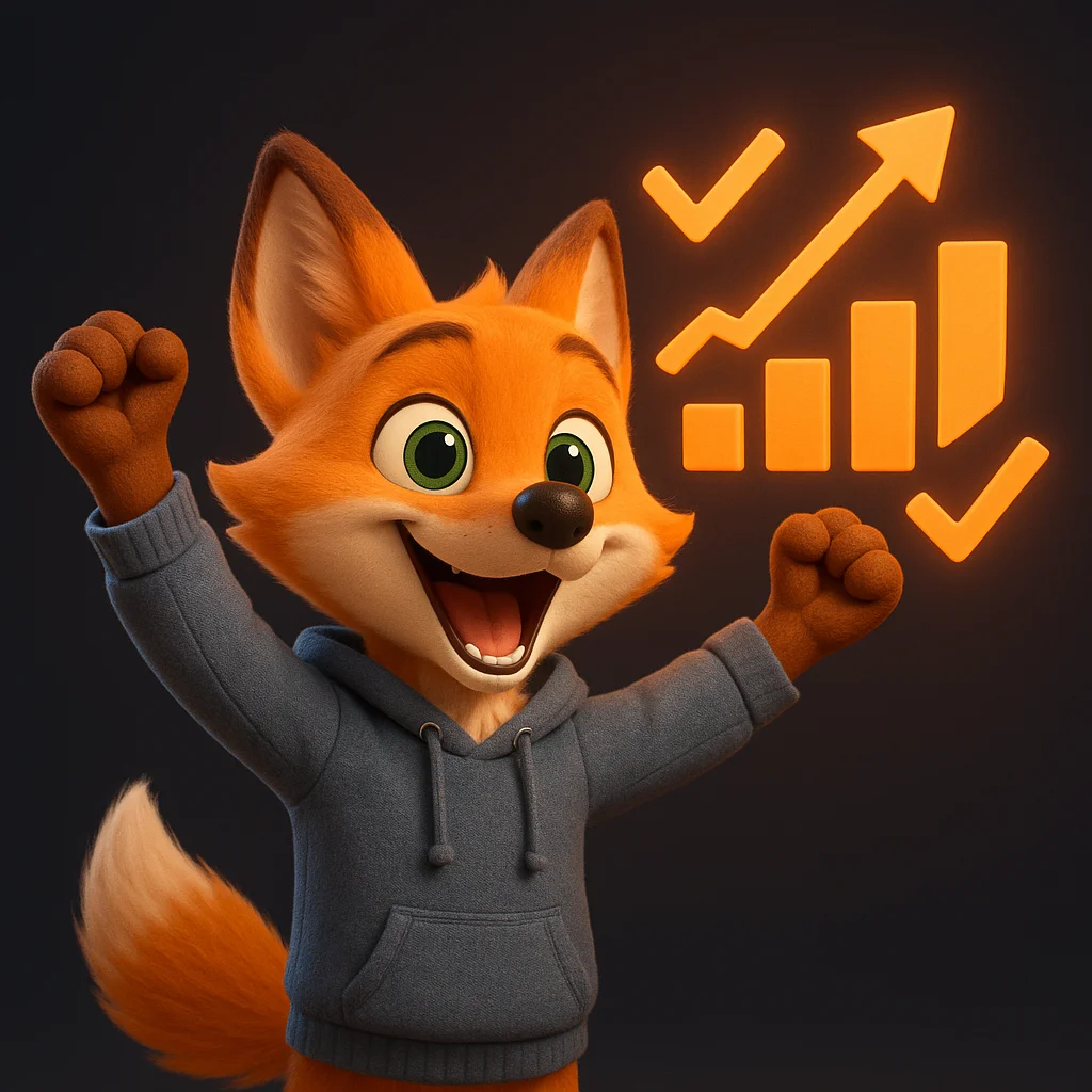 The FoxRadar fox mascot celebrates with arms raised in front of a rising chart, happy that events are now visible.