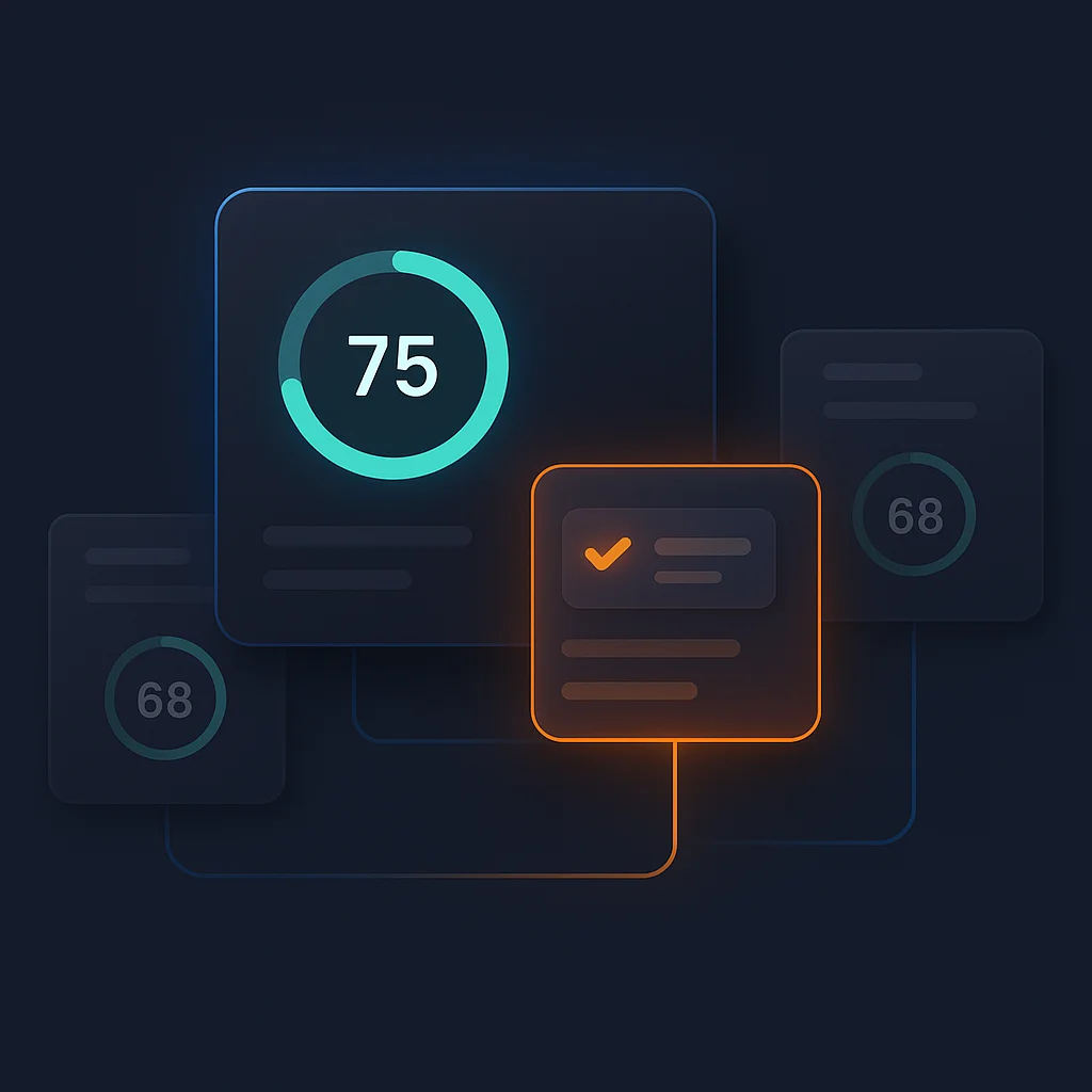 A clean concept illustration of a dashboard with visibility scores and a highlighted brand event card glowing brighter than others.
