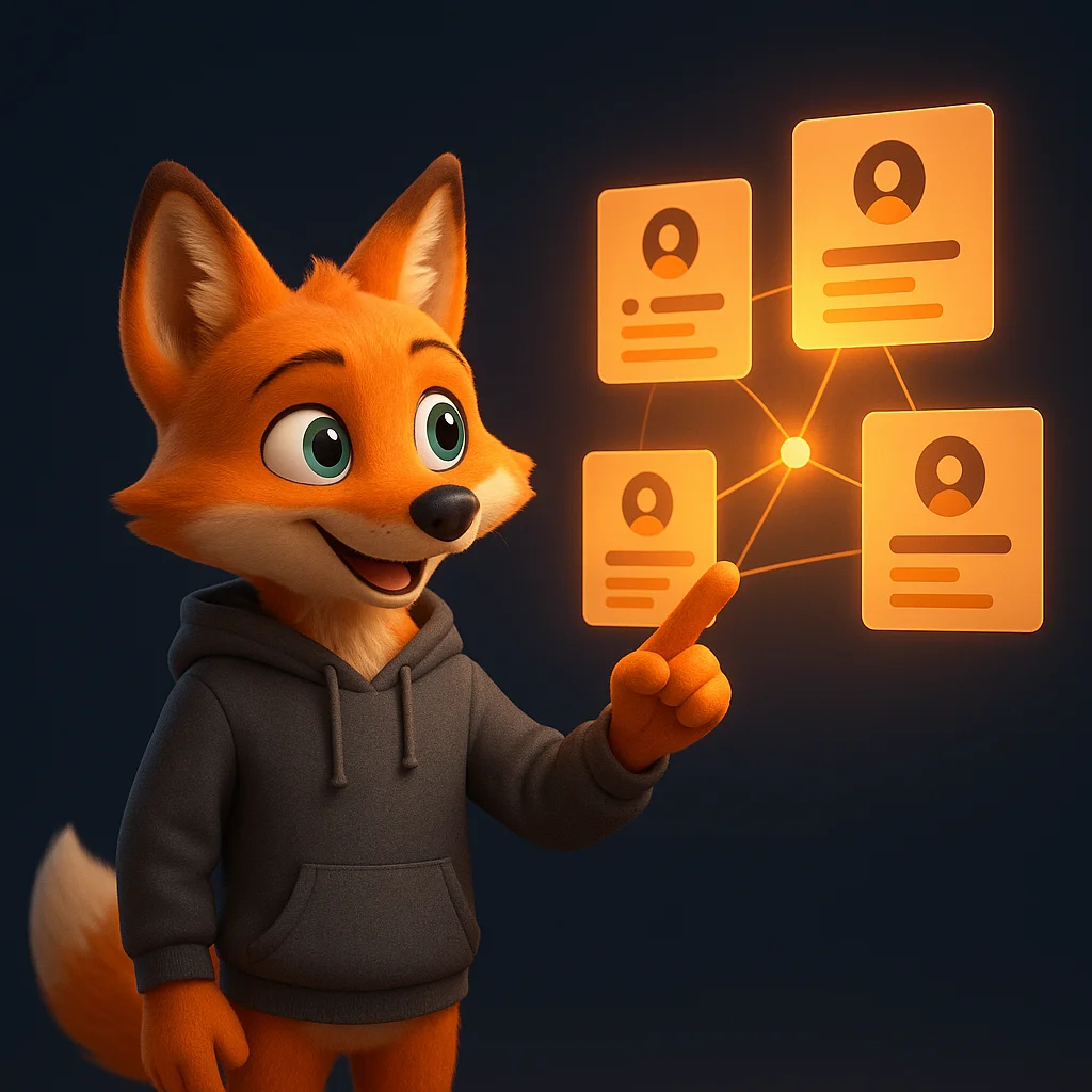 The FoxRadar fox mascot standing and pointing at floating partner cards connected by lines, guiding the reader through a referrals network.