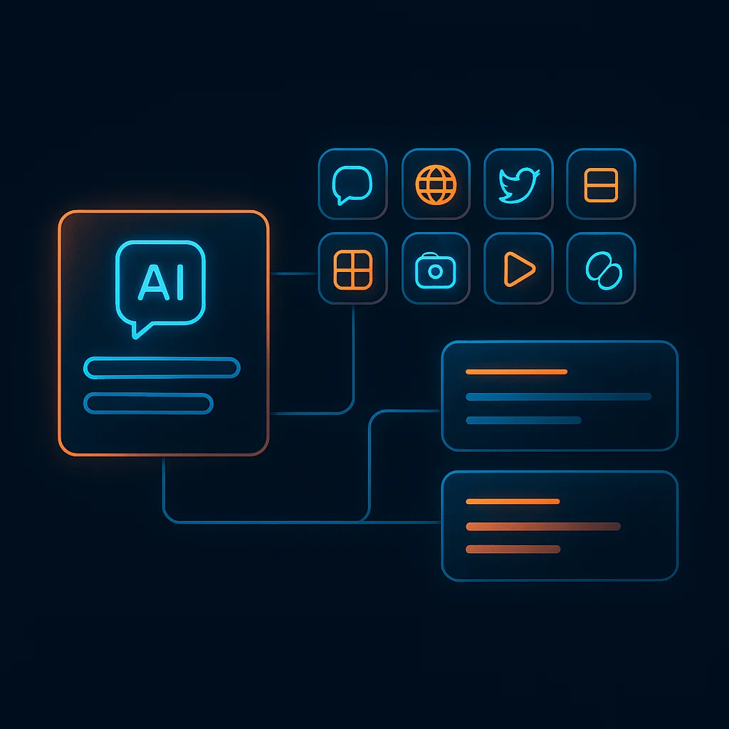 A clean concept illustration of glowing AI-style cards and brand icons connected in a grid, showing a simple referrals system without the fox.