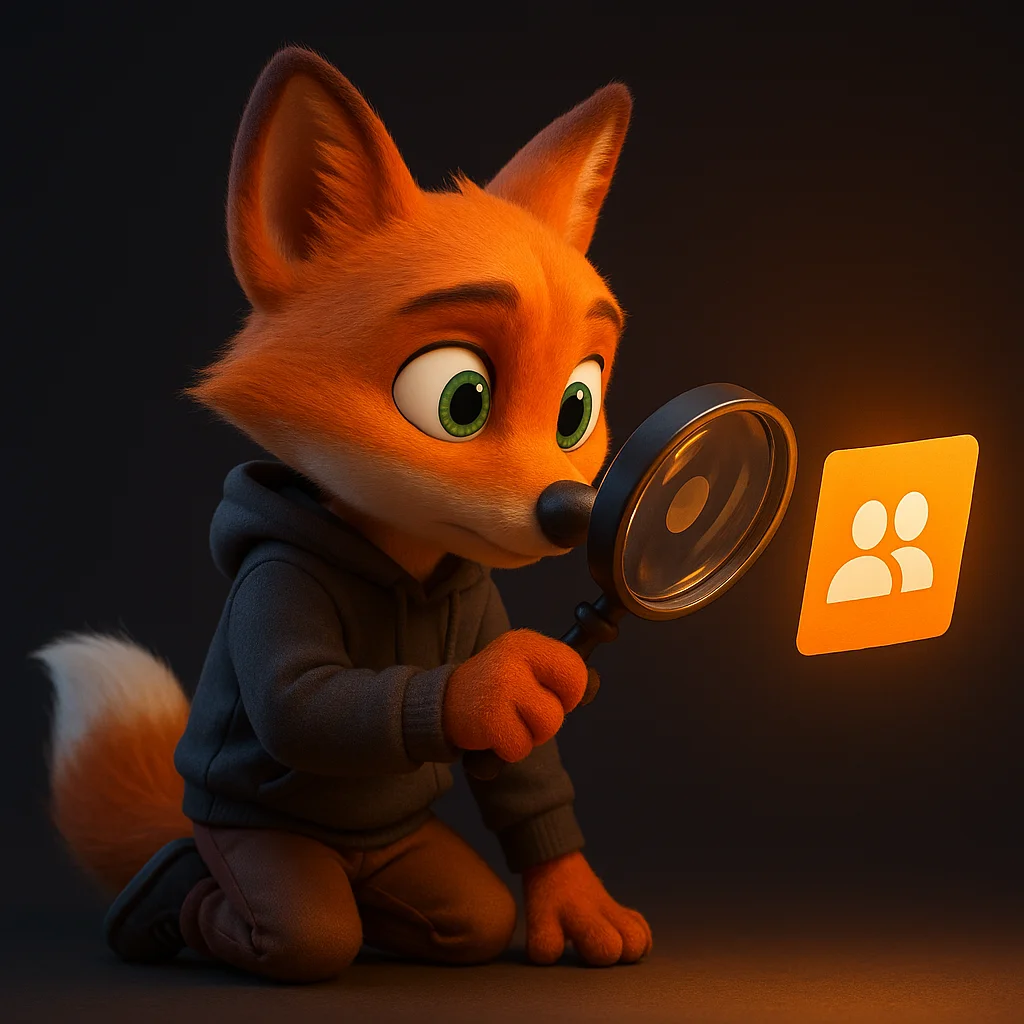 The FoxRadar fox mascot holding a large magnifying glass and inspecting a partner listing closely, focused and careful.