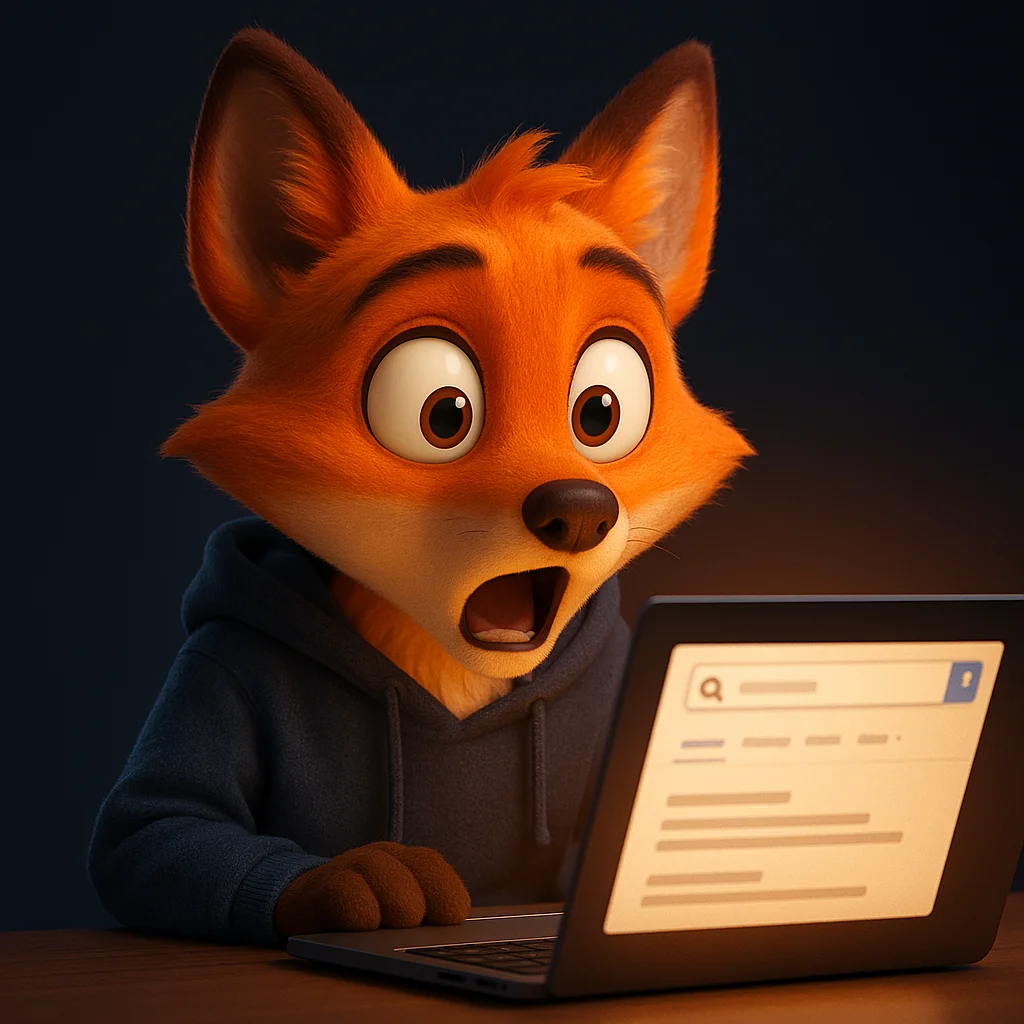The FoxRadar fox mascot looking surprised at a laptop screen that shows AI search results with brand names