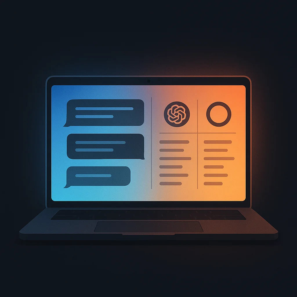 A clean concept illustration of a laptop screen with a simple comparison layout and glowing chart elements, no character present
