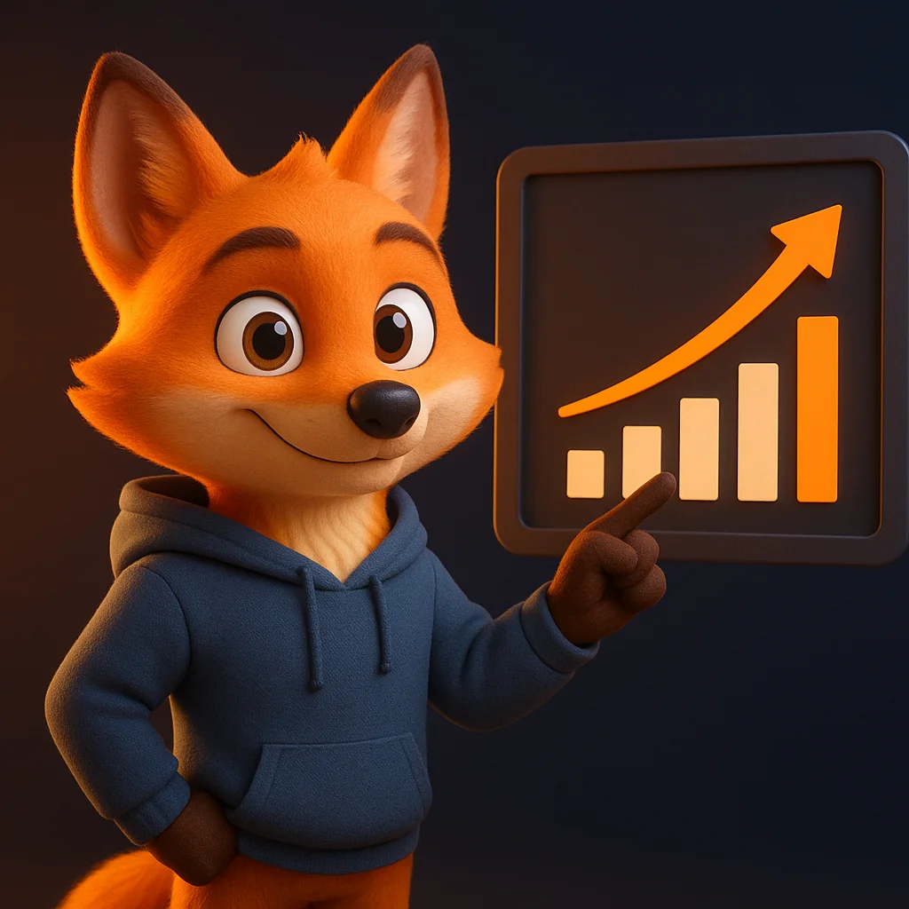 The FoxRadar fox mascot pointing at a rising visibility chart on a screen with a confident smile