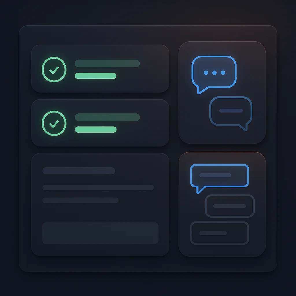 A clean concept illustration of a dashboard with green visibility scores and AI chat interface tiles, no character present