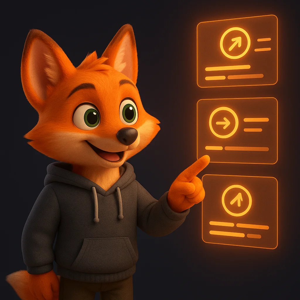 The FoxRadar fox mascot standing and pointing at floating data panels that show clear 'Updated on' date markers.