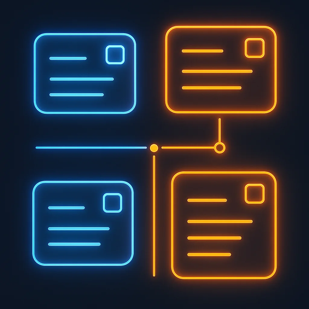 Concept illustration of a dark glowing interface with floating update cards and date stamps, no fox.