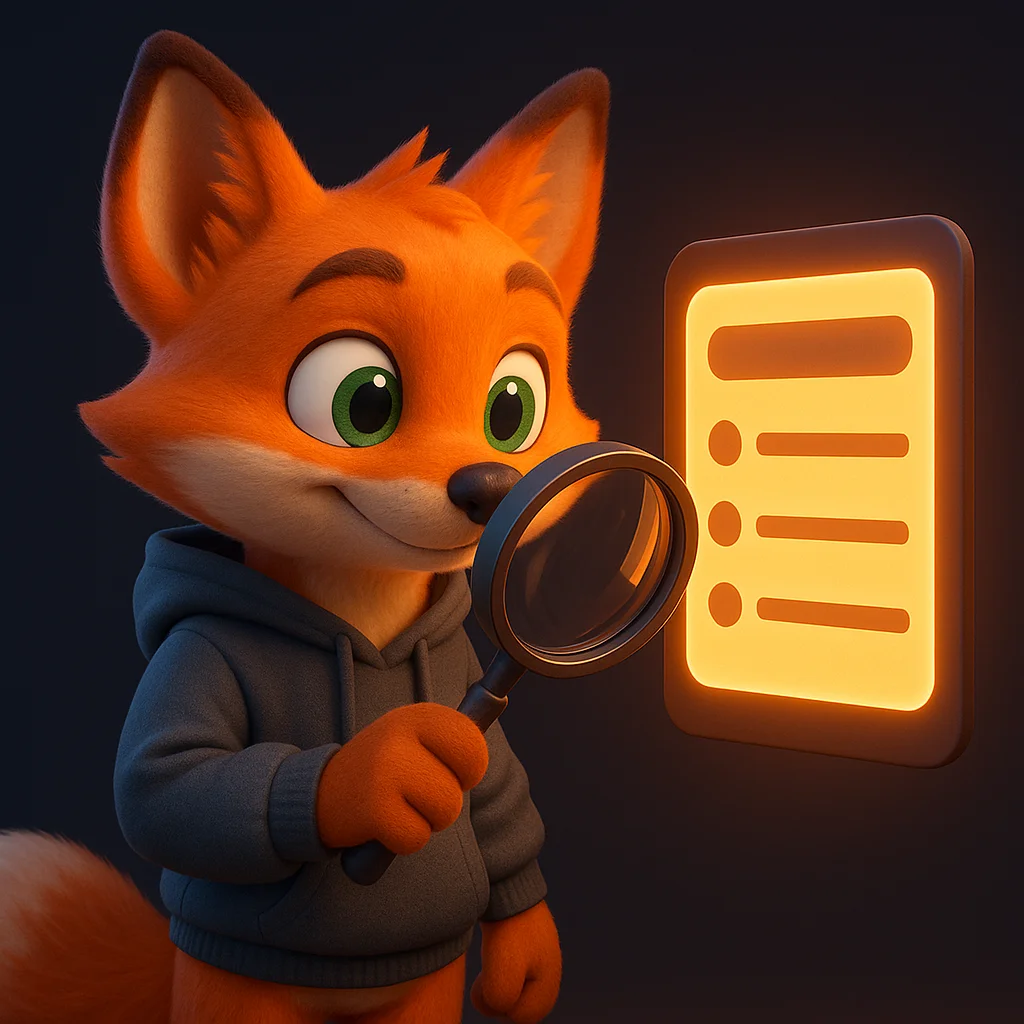 The FoxRadar fox mascot holding a magnifying glass to inspect a simple changelog list on a glowing board.