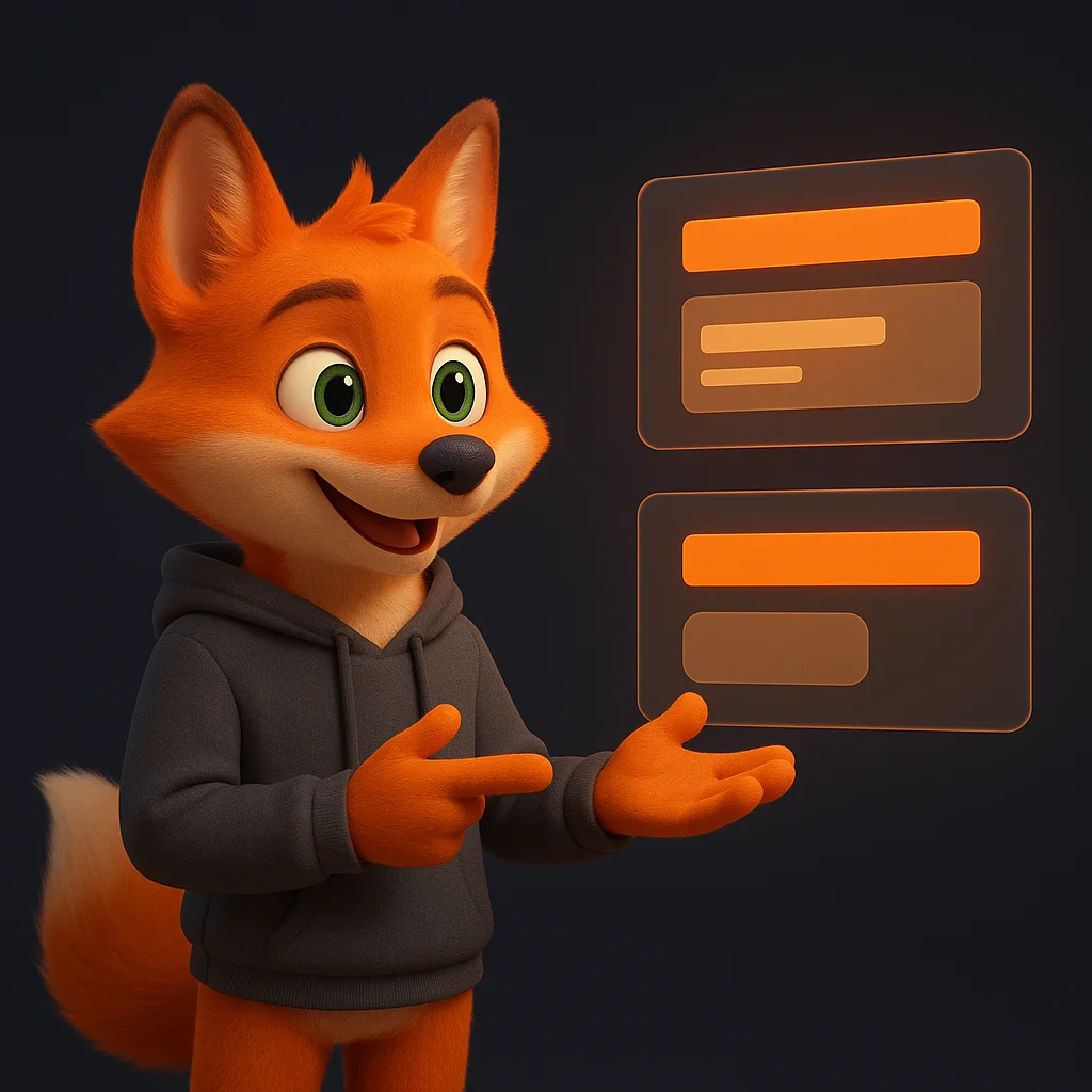 The FoxRadar fox mascot pointing at floating brand and model data with a confident smile