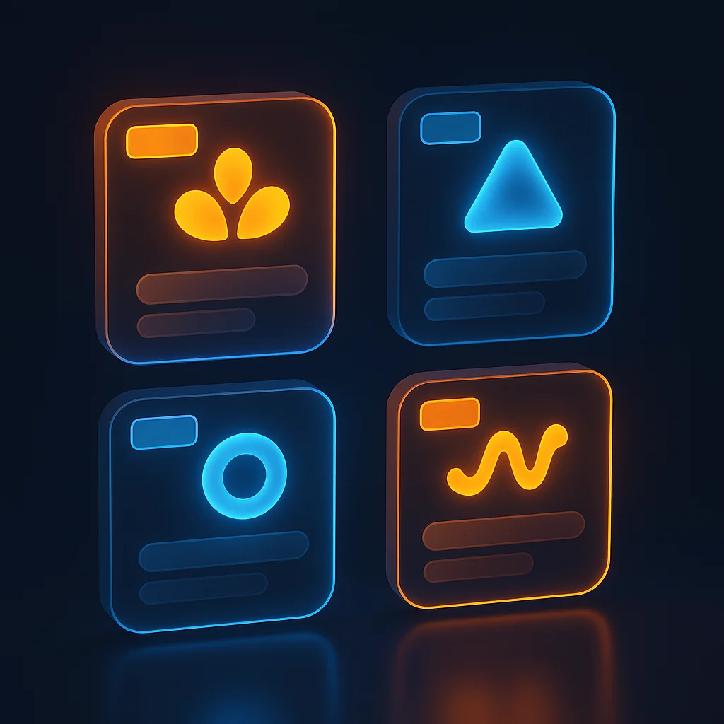 A clean concept illustration of glowing AI search result cards showing brand icons and abstract model tags