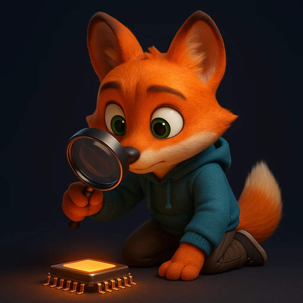 The FoxRadar fox mascot kneeling and inspecting a glowing model number through a magnifying glass