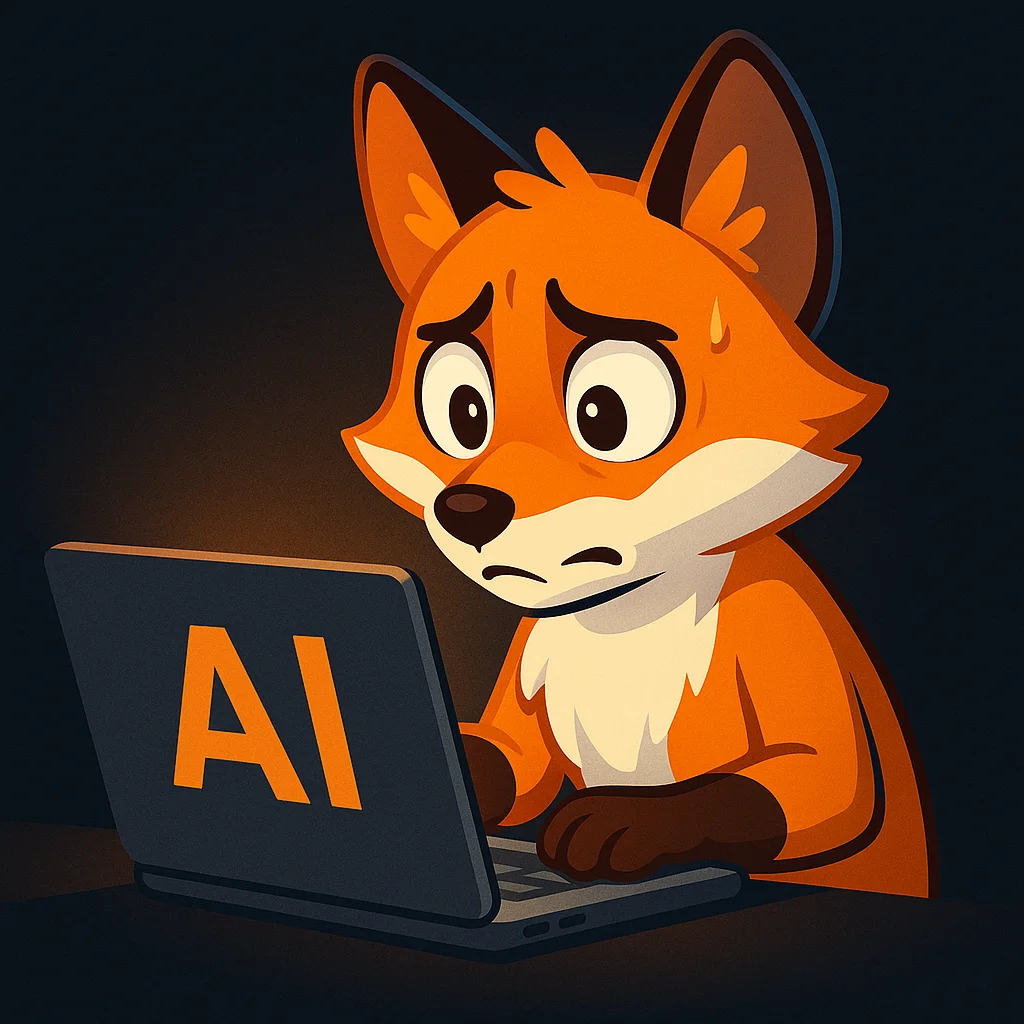 The FoxRadar fox mascot sitting at a laptop, looking concerned at an AI chat screen that shows empty brand results
