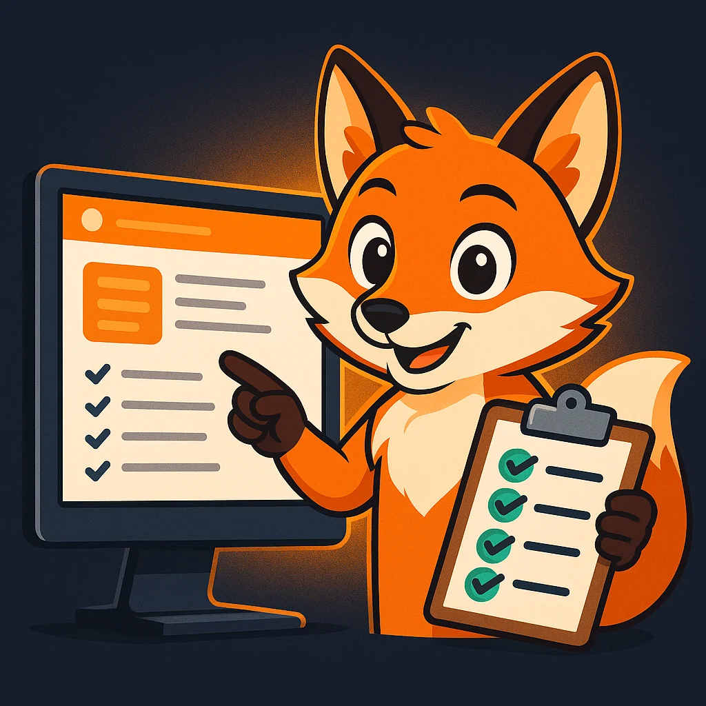 The FoxRadar fox mascot pointing at a simple facts checklist on a computer screen