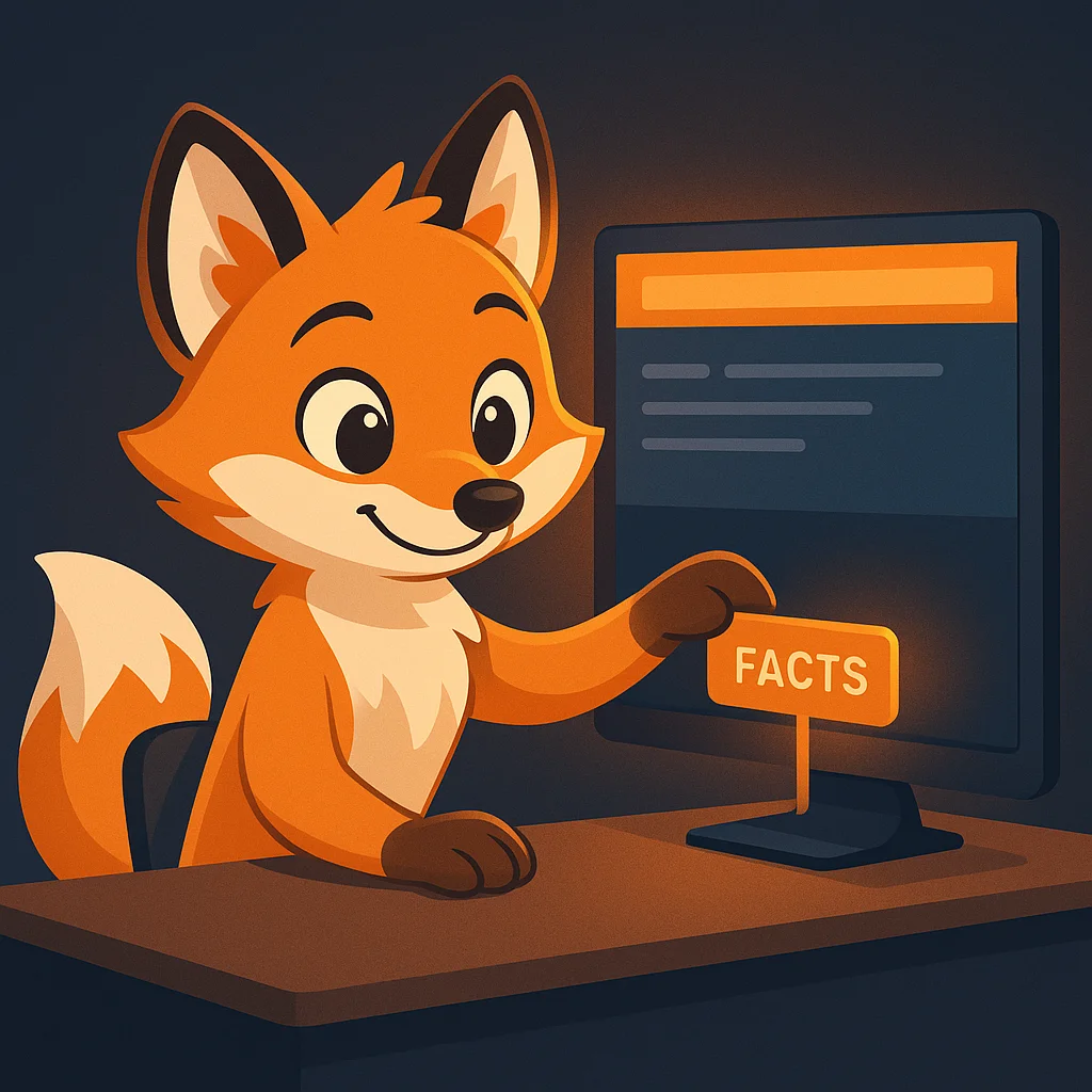 The FoxRadar fox mascot adding a “Facts” link to a website footer on a large monitor