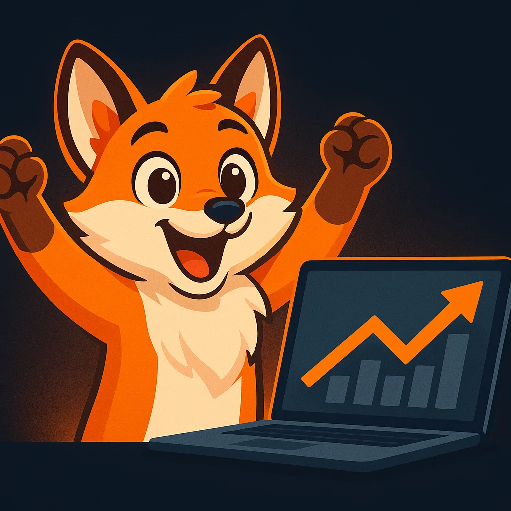 The FoxRadar fox mascot smiling with both paws raised next to a rising visibility chart on a laptop screen