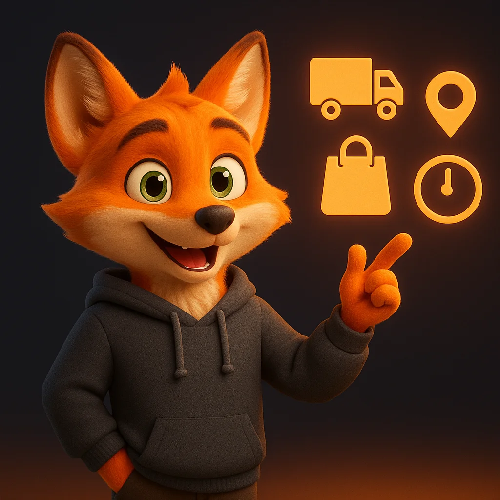 The FoxRadar fox mascot stands and points at floating icons for delivery truck, curbside pickup, a map pin, and a clock, with a confident smile.