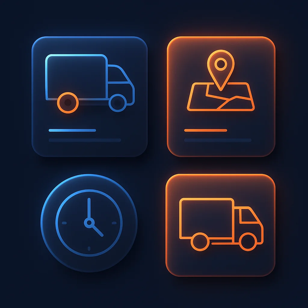 A clean 3D concept image of glowing delivery and pickup option cards with a zone map and a clock on a dark background, no text.