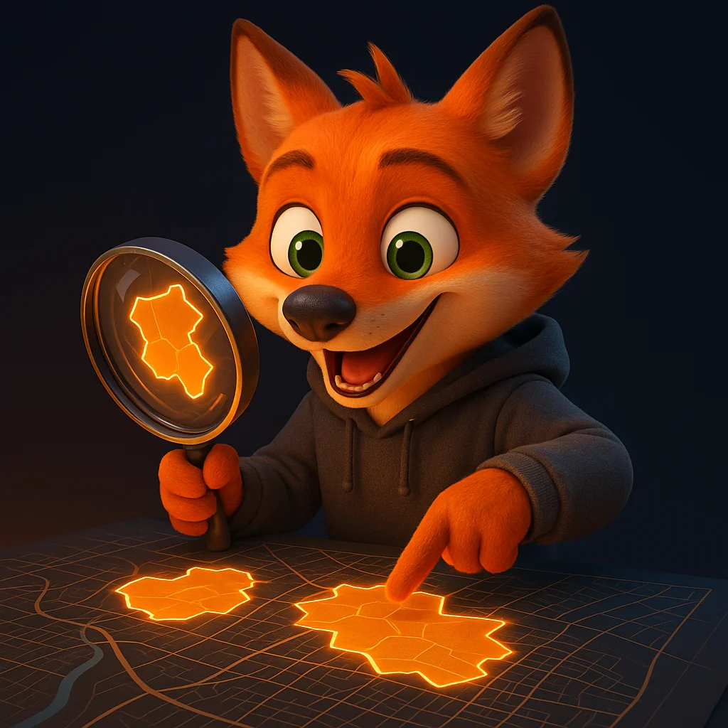 The FoxRadar fox mascot holds a magnifying glass over a simple glowing map with highlighted delivery zones and raises one arm in a small celebration.