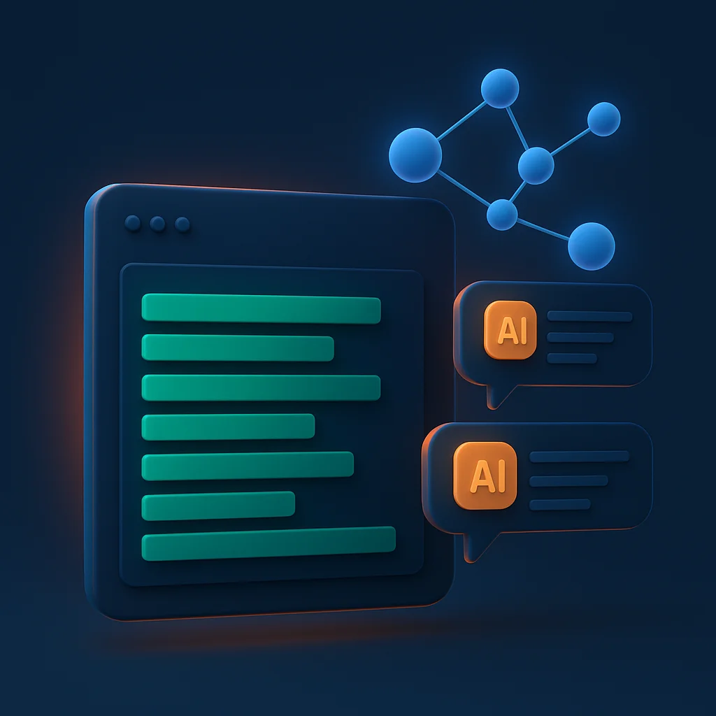 A clean 3D concept image of a dashboard with bright visibility bars and floating AI chat bubbles, no text.